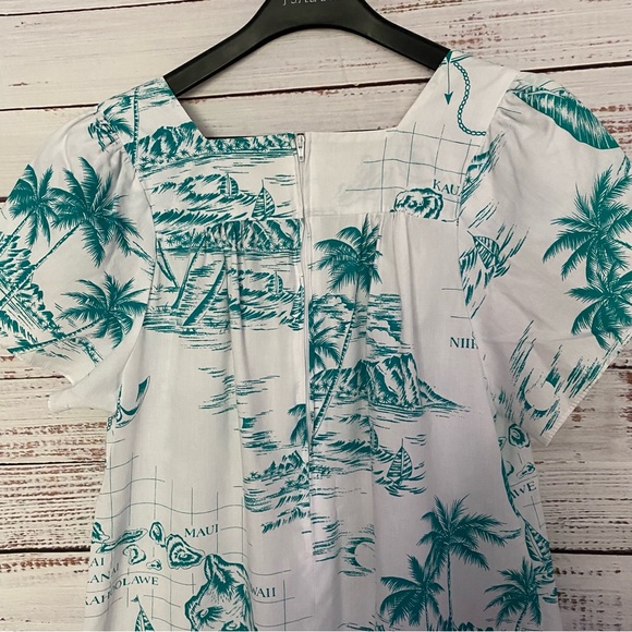Vintage Hawaii Kole Kole Ruffled Turquoise Map print Dress with pocket - Picture 5 of 15